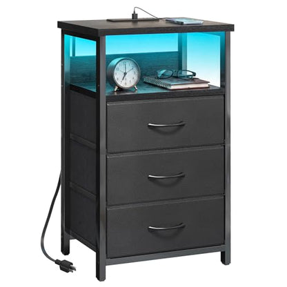 Fixwal Night Stand with 3 Fabric Storage Drawers, LED Nightstand with Charging Station, Bedside Table, Black - color: Black, size: 27.6"H (3 drawers), style: Power+Light (1pc)