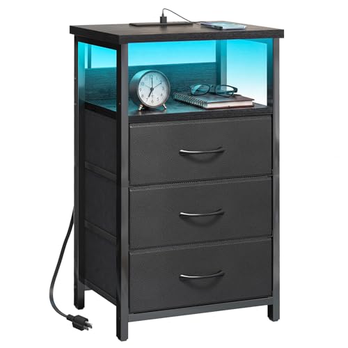 Fixwal Night Stand with 3 Fabric Storage Drawers, LED Nightstand with Charging Station, Bedside Table, Black - color: Black, size: 27.6"H (3 drawers), style: Power+Light (1pc)