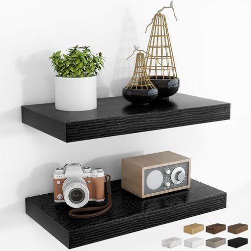 RICHFOCUS 16Inch Floating Shelves for Wall 2 Pack Shelves for Bedroom|Kitchen|Bathroom Wall Mounted Rustic Wood Floating Shelf with Invisible Brackets for Books|Storage|Decor, Black - color: Black, size: 15.7"L x 8"D, Set of 2