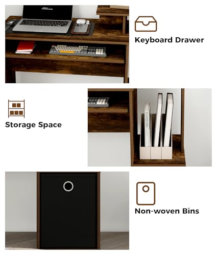 Small Computer Desk with Drawers, Wood Writing Desk with Storage Shelves for Home Office Bedroom Living Room, Walnut/Black - color: Amber Pine/Black