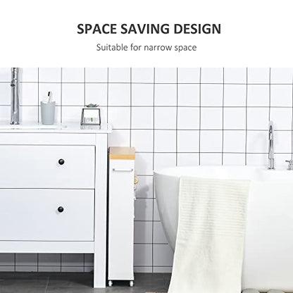 kleankin Slim Bathroom Cabinet with Castor Wheels Storage Organizer and Wood Shelves to Fit in Small Spaces, White