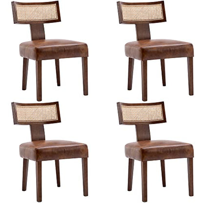 RIVOVA Mid Century Modern Dining Chairs Set of 4 Rattan Kitchen Chairs PU Leather Upholstered Side Chairs, Modern Kitchen Armless Solid Wood Dining Chairs, Brown - color: Brown Rattan
