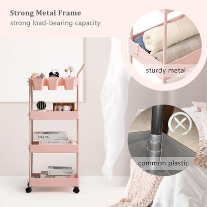 Danpinera 4-Tier Pink Slim Storage Cart, Narrow Laundry Cart with Wheels, Dividers, Hanging Cups, Hooks, Easy Assembly - style: 4 Tier Pink