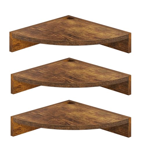 Fun Memories Corner Shelf Wall Mount, Wood Floating Corner Shelves, Corner Wall Shelf for Bedroom, Bathroom, Kitchen, Living Room (Brown, 3 Pack) - color: Brown - Set of 3