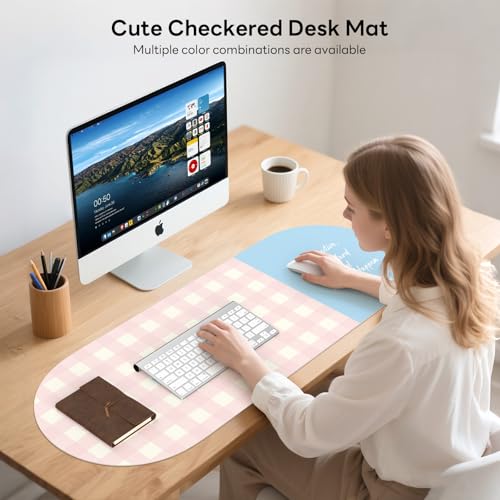 Checkered Pattern Desk Pad Protector, 35.5 x 13'' Aesthetic Mouse Mat for Desktop, Waterproof PU Leathe Non-Slip Desk Writing Pad for Office and Home, Light Pink and Blue - color: Light Pink and Blue