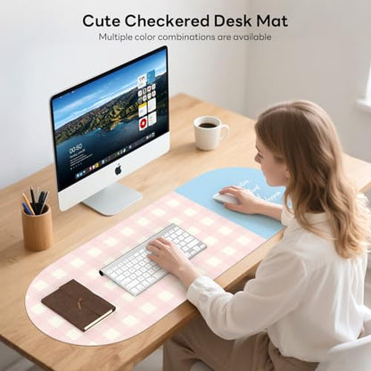 Checkered Pattern Desk Pad Protector, 35.5 x 13'' Aesthetic Mouse Mat for Desktop, Waterproof PU Leathe Non-Slip Desk Writing Pad for Office and Home, Light Pink and Blue - color: Light Pink and Blue