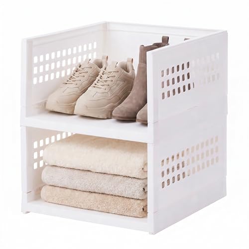 IRIS USA Modular Storage Organizer, 2 Pack, Made in USA, Foldable Stackable Storage Baskets with Stacking Pins, Tool-Free Collapsible Organization System for Closet, Bedroom, Laundry, Office, White - size: 21 Qt. - Collapsible Basket, style: 2 Pack