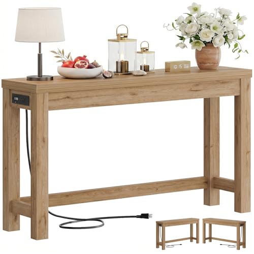 Cyclysio 47" Console Tables for Entryway, Narrow Console Tables for Living Room, Behind Couch Table, Sturdy Wood Support Hallway Table with 3AC+2USB Charging‌ Station, Natural Oak - color: Natural Oak, size: 47 inch