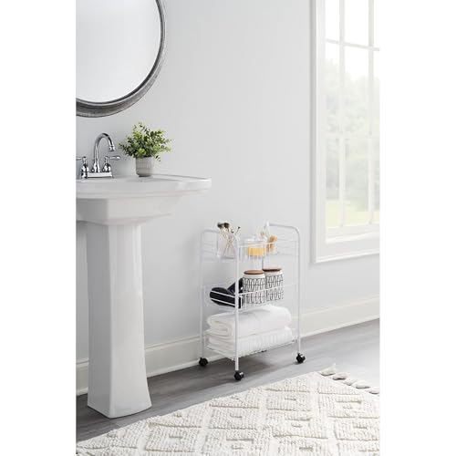Rubbermaid 3-Tier Shelving Wheeled Organizer, Wire Adjustable Metal Storage Cart, for Office/Kitchen/Bedroom/Laundry Home Use, White - style: Storage Cart
