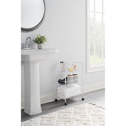 Rubbermaid 3-Tier Shelving Wheeled Organizer, Wire Adjustable Metal Storage Cart, for Office/Kitchen/Bedroom/Laundry Home Use, White - style: Storage Cart