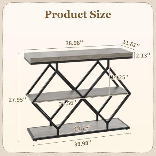 Garvee 3 Tier Console Table,39" Industrial Entryway Table,Open Wood Shelves | Sofa Table,Narrow Wood Accent Tables with Metal Frame for Hallway,Living Room,Behind Couch,Foyer,Entrance,Gray - color: Gray + Diamond-shaped