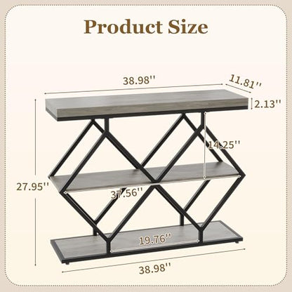 Garvee 3 Tier Console Table,39" Industrial Entryway Table,Open Wood Shelves | Sofa Table,Narrow Wood Accent Tables with Metal Frame for Hallway,Living Room,Behind Couch,Foyer,Entrance,Gray - color: Gray + Diamond-shaped