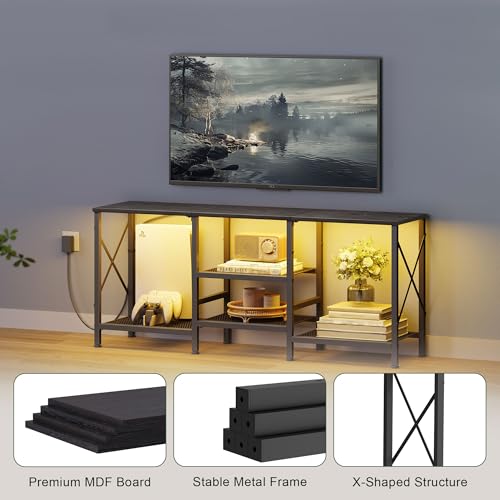 JARHETUN TV Stand with LED Lights for 55 Inch TV, Entertainment Center with 3-Tier Open Shelves, TV Console Table for Living Room, Bedroom, Black - color: Black With Led Light