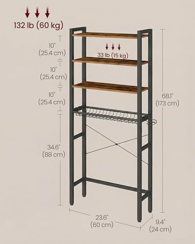 VASAGLE BARNET Collection - Over the Toilet Storage, Over Toilet Bathroom Organizer with Adjustable Shelves and Basket, 3 Hooks, Space Saving, 9.4 x 23.6 x 68.1 Inches, Rustic Brown UBTS114KD01S - color: Rustic Brown, style: 4 Tiers (68.1" H)