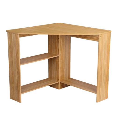 Corner Desk, Small Computer Desk with Drawers and Storage Shelves, Triangle Corner Computer Desk Writing Study Table for Home, Office, Workstation, Bedroom Light Brown