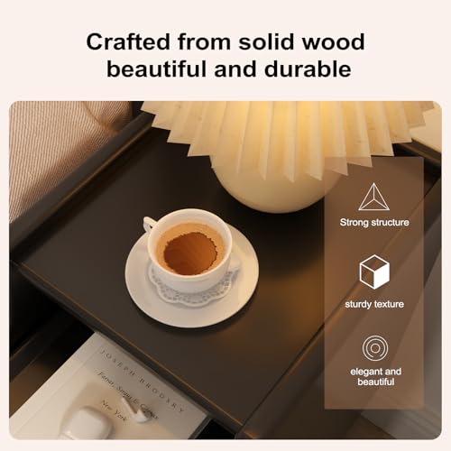 AQIMUELE Small Nightstand with Drawers, Solid Wood Bedside Table, Narrow Walnut Nightstand for Bedroom - color: 1 Pc(black), size: 15.74''D*11.81''W*19.68''H