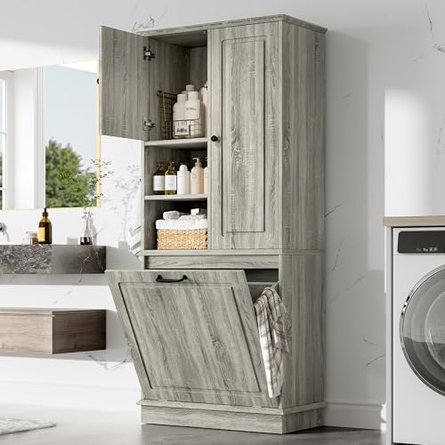Tall Storage Cabinet, Bathroom Floor Freestanding Storage Cabinet with Doors, Adjustable Shelf, and Large Flip-Out Basket for Bathroom, Office, Living Room, Oak - color: Oak/Adjustable Shelf