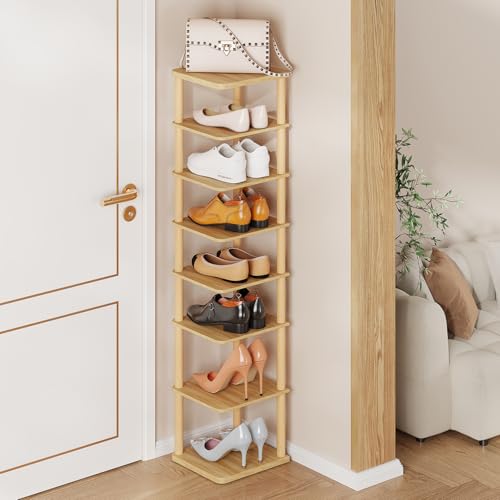 8 Tiers Vertical Shoe Rack Tall Narrow Shoe Tower Corner Shoe Rack, Natural | Small Shoe Organizer for Entryway, Closet, Dorm & Small Spaces, Freestanding Wooden Shoe Shelf for Boots, Sneakers, Heels. - color: Natural