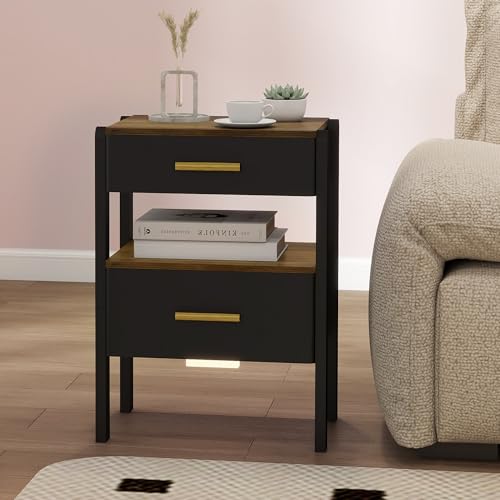 Nightstand with 2 Drawers and Open Shelf Wooden Bedside Table Gold Handles Modern Storage Night Stand Sensor Light for Bedroom, Black and Brown - color: Black and Brown