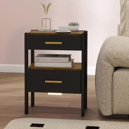 Nightstand with 2 Drawers and Open Shelf Wooden Bedside Table Gold Handles Modern Storage Night Stand Sensor Light for Bedroom, Black and Brown - color: Black and Brown