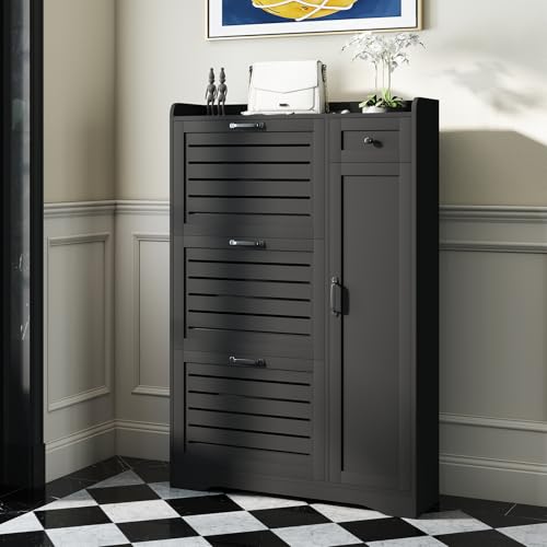 Slim Shoe Storage Cabinet for Entryway, Hidden Shoe Rack Cabinet with Doors, Drawers & Adjustable Shelf, Narrow Freestanding Ventilated Design, Thin Wooden Boot Storage Organizer, Black - color: Black
