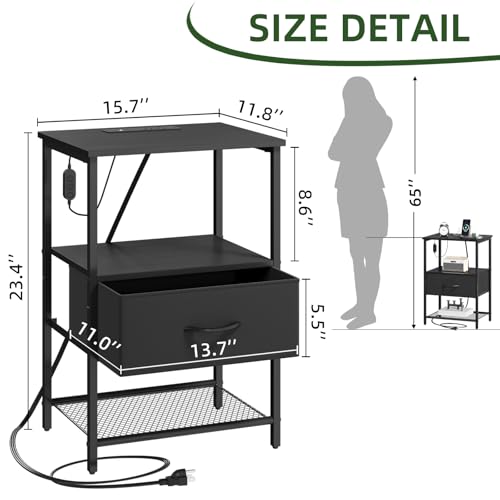 Somdot Nightstand Set of 2 with Charging Station & LED Light, Bedside Table | Dorm, Guest Room, Kids Room, Laundry, Closet, Entryway and Hallway, Black - color: Black, size: 11.8"D x 15.7"W x 23.4"H (1 Drawers)