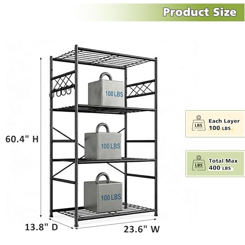 DurayLoly Storage Shelves 4 Tier Shelf Organizer,Metaling Shelving with Hooks,Heavy Duty Garage Shelves Unit with Leveling Feet,Wire Shelving for Pantry,Kitchen and Closet,23.6" W x 13.8" D x 60.4" H - size: 23.6" W x 13.8" D x 60.4" H (4T)