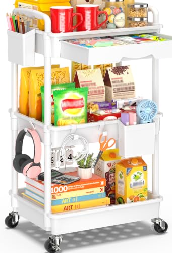 SUNALLY 3 Tier Rolling Cart with Drawer, Bathroom Storage Organizer with 2 Lockable Wheels, Multifunctional Rolling Storage Cart for Bathroom, Kitchen, Office, Craft, Makeup, Baby Essentials, White - color: White, size: 3 Tier