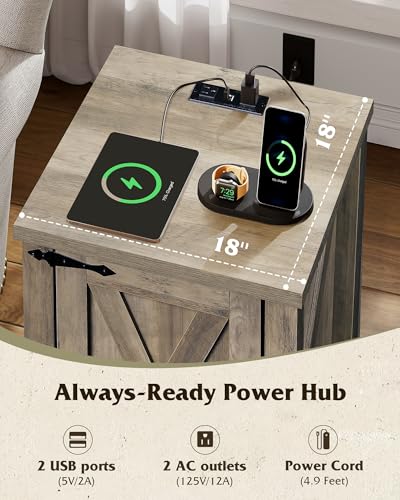 WLIVE Farmhouse Nightstand with Charging Station, End Table with Barn Door and Adjustable Storage Shelf, Rustic Wood Night Stand, 18" Modern Bedside Table for Bedroom, Greige - color: Greige