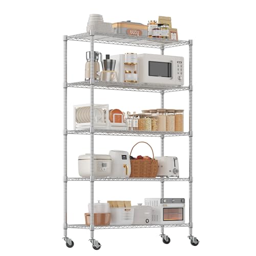 Homdox 5-Tier Wire Shelving Unit with Wheels, Adjustable Metal Storage Shelves, Rolling Storage Rack for Garage, Pantry, Kitchen, Laundry Room, 46 x 18 x 74 Inch, Silver - color: Silver, size: 18"Dx 46"Wx 74"H, 5 Tier