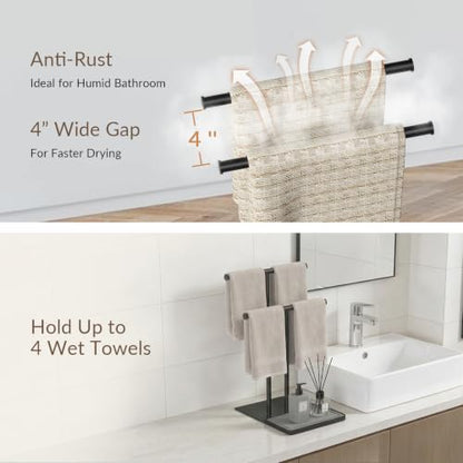 NADAMOO Standing Towel Rack for Bathroom, Adjustable Hand Towel Holder | 13.8"-24" Height, Diatomite Tray, Wide Weighted Base, 2 Bars with 4" Gap for Airflow, Rustproof Black Metal, No Drill