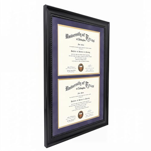 GMFrames Double 8.5x11 Diploma Certificate Frame, Solid Wood & Tempered Glass, Cherry Lacquer Finish & Intricate Rope Detail, Purple over Gold Mat - color: Black / Purple Gold Mat, size: 14x20 for Double 8.5x11