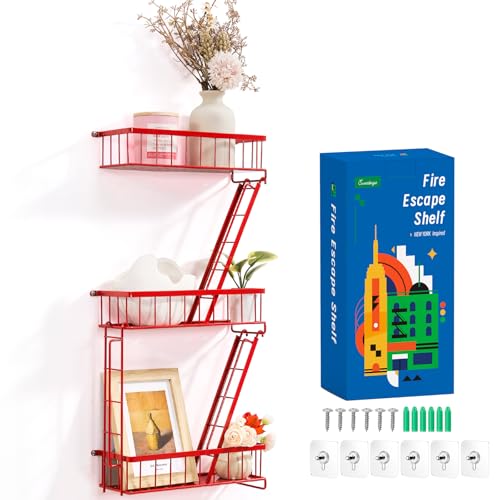 SweetSage Fire Escape Wall Shelf Red - New York Wall Art Decorative Figure Display Floating Shelves Metal Racks for Living Room, Home Office Storage (3-Tier) - color: Red 3 Tier
