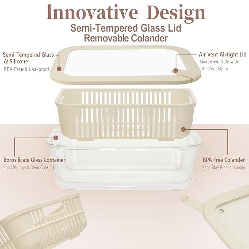 Urban Green Glass Food Storage Containers with Glass Lids, Microwave Safe Food Container Set, Aitight Meal Prep Container Set, BPA Free Colander, LeakProof, 2 Pack - color: ‎Ivory White -2p