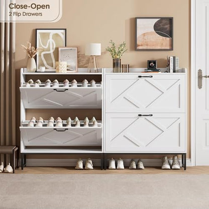 Nicetree Shoe Storage Cabinet with 2 Flip Drawers, Entryway Cabinet, White | Slim Shoe Cabinet with Metal Legs, Narrow Farmhouse Shoe Organizer for Entryway, Foyer, Hallway, Wood Shoe Rack with Hook - color: Alabaster