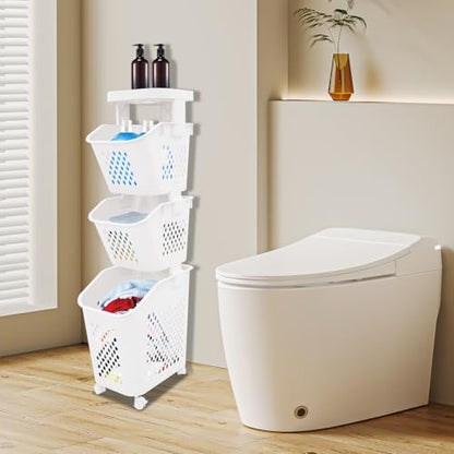 3 Tier Laundry Basket Holder, Utility Laundry Basket with Wheels Clothes Storage Organizer Cart Removable Rolling Laundry Hampers for Bathrooms Bedrooms Kitchen - size: 3-Tier