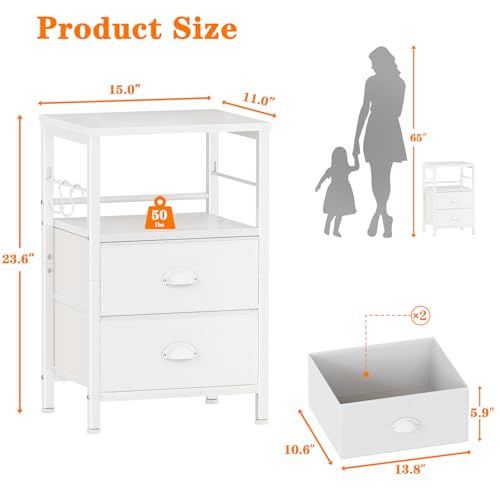 Furologee Nightstands Set of 2, End Table with 2 Fabric Drawers, Night Stand with 2 Hooks, Open Wood Shelf Bedside Table for Bedroom/Living Room/White