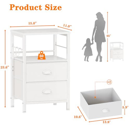 Furologee Nightstand Bedside Table with 2 Fabric Drawers, White Side Table with 2-Tier Shelf, Night Stand with Hooks, for Bedroom, Living Room, Backboard Design, Wooden Top, Metal Frame, White - color: White, style: 1pc