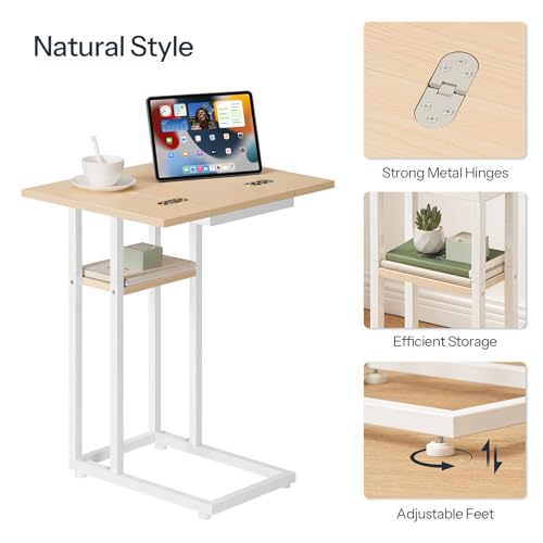 HOOBRO Foldable C Shaped End Table, C Shaped Side Table with Storage Shelf, Small Snack Table, Slide Under Couch Table for Sofa, Living Room Bedroom Small Spaces Easy Assembly, Natural WN29SF01 - color: White + Natural