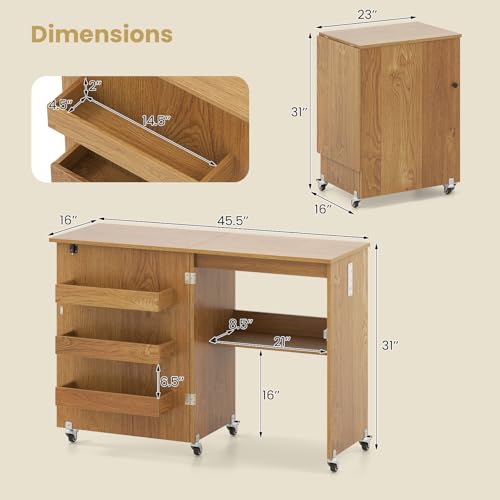 Giantex Folding Sewing Table with Charging Station, Storage Trays & Shelf | Rolling Craft Table with Lockable Wheels, Foldable Sewing Machine Cabinet Desk for Small Spaces, Dorms, Natural - color: Natural