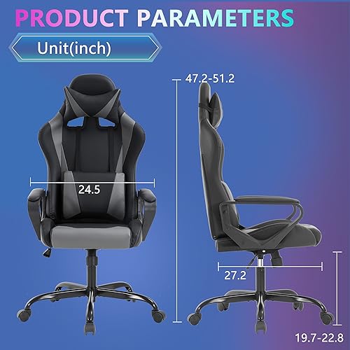 PayLessHere Ergonomic Racing Desk Chair Gaming Chair Computer Chair with Armrests 360° Swivel & Caster Pu Desk Task Chair Executive Headrest Lumbar Support for Back Pain Women Men and Adults (Grey) - color: Grey