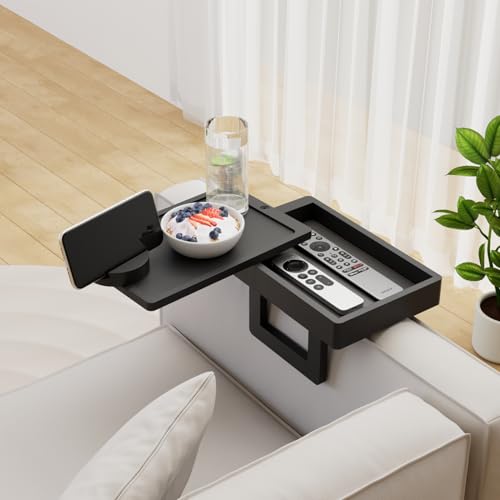 Wealone Mini Black Couch Arm Table for Narrow Armrest, Sofa Arm Tray with Storage Box, Rotating Tabletop & Phone Stand, Adjustable Sofa Arm Table Clip for Snacks or Dining, Width of Armrest 1-7 Inch - color: Black