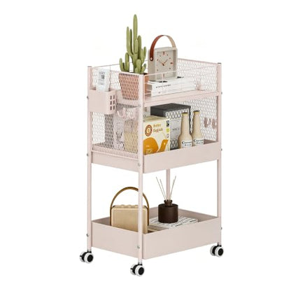 3 Tier Rolling Storage Cart Metal Utility Cart with Wheels | Office Organizer with Hooks & Hanging Cups, Mobile Shelving Unit for Kitchen Nursery Craft Snack Book - color: Blush Pink
