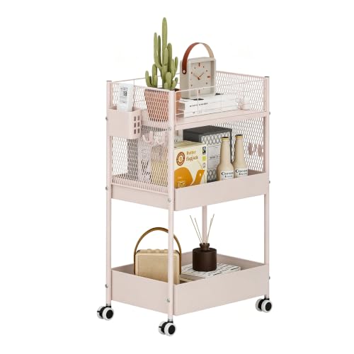 3 Tier Rolling Storage Cart Metal Utility Cart with Wheels | Office Organizer with Hooks & Hanging Cups, Mobile Shelving Unit for Kitchen Nursery Craft Snack Book - color: Blush Pink