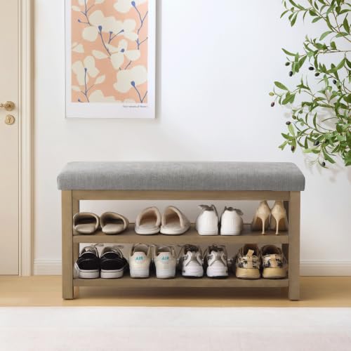 Zihanhome 2 Tier Shoe Rack Bench with Cushion, Solid Wood Shoe Benches, Mid-Century Modern Shoe Storage Bench for Entryway, Hallway, Living Room, Closet, Front Door Entrance, (Grey, 39.4") - color: Grey, size: 39.4"