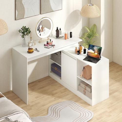 GIANTEX 48" Reversible L-Shaped Computer Desk, Modern Corner Computer Workstation with 2 Doors & 4 Open Storage Cubes, Large Executive Desk for Home Office, White/Black (White)