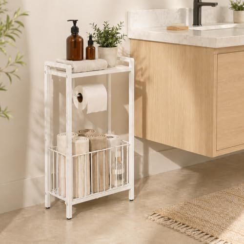 Bathroom Toilet Paper Holder Stand with Storage Basket and Top Shelf, Free-Standing Toilet Tissue Organizer for Small Bathrooms, Metal Toilet Paper Rack with Magazine Holder – White - color: White