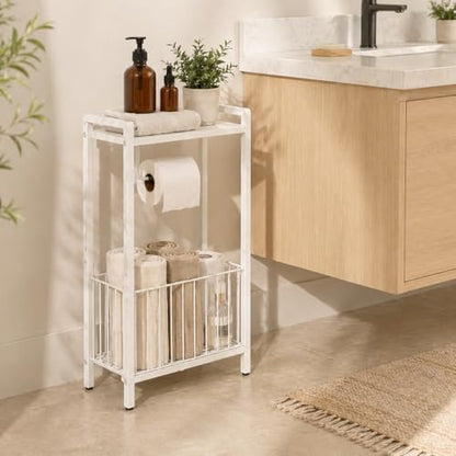 Bathroom Toilet Paper Holder Stand with Storage Basket and Top Shelf, Free-Standing Toilet Tissue Organizer for Small Bathrooms, Metal Toilet Paper Rack with Magazine Holder – White - color: White