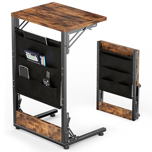 Folding TV Tray Table, 28.8" Tall C-Shaped Side Table for Couch and Bed, Slide Under Sofa Side Desk with Storage Bag - Sturdy Metal Frame Tray for Living Room, Bedroom, Home & Office (Rustic Brown) - color: Rustic Brown, size: 15.7" x 11.8" x 28.8"