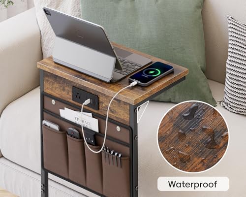 C Shaped End Table with Charging Station, 28" Tall Couch Side Table, Sofa Table Beside Table, Slide Under Sofa Arm C Table for Small Spaces, TV Tray Table for Living Room, Bedroom, Brown - color: Rustic Brown